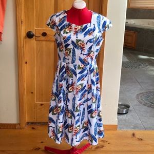 Vintage style peacock ad hibiscus print dress
